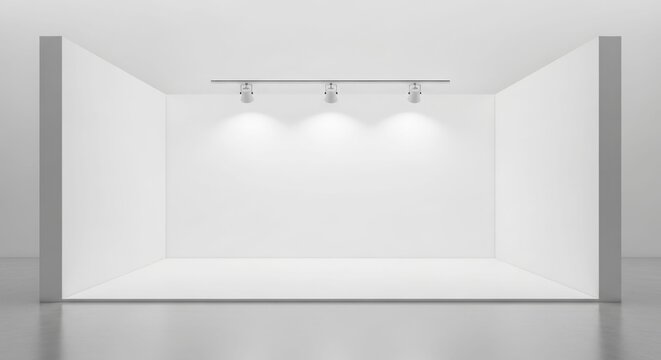 Empty white exhibition booth with track lighting, ready for product display.