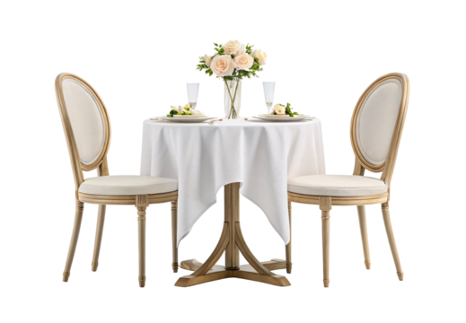 Elegant dining setup with wooden chairs, white tablecloth, and rose centerpiece, isolated on a transparent background