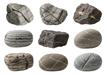 Nine distinct natural rocks and boulders, varied forms, light to dark shades, intricate cracks, against transparent background with copy space, close-up, museum-grade geology concept