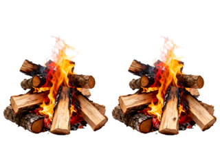 Two campfires burning with orange flames and logs wood campfire, fire, burning, logs, wood, flames, orange, heat, night, outdoor, nature, fuel, embers, smoke, warmth, energy, combustion, ignition, bla
