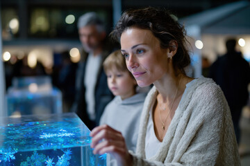 A family admires shimmering decorations at a night event, showcasing warmth, togetherness, and the beauty of shared moments during a festive season.