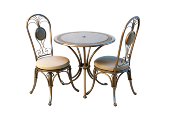 Decorative metal bistro set with cushioned chairs and mosaic-topped round table, isolated on a transparent background