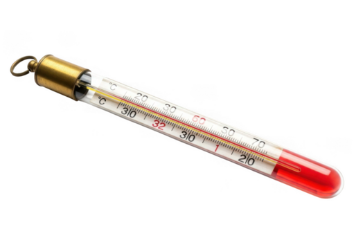 Glass thermometer with red liquid isolated on transparent background for temperature measurement and health checks