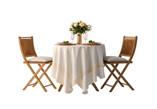 Casual outdoor dining set with folding chairs, decorated table, and floral arrangement, isolated on a transparent background