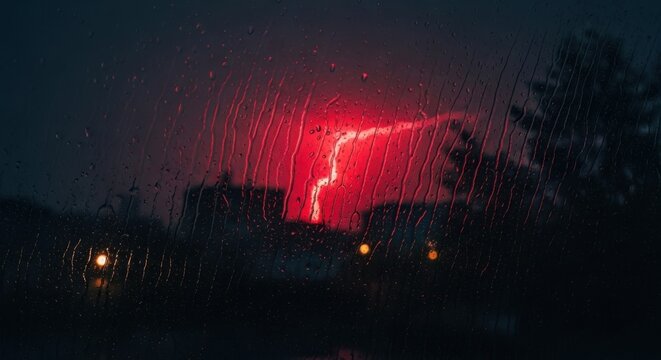 Red Lightning Storm Through Rain Streaked Window at Night