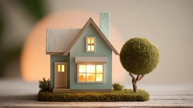 ミント色の家模型と丸い樹木を並べた卓上静物