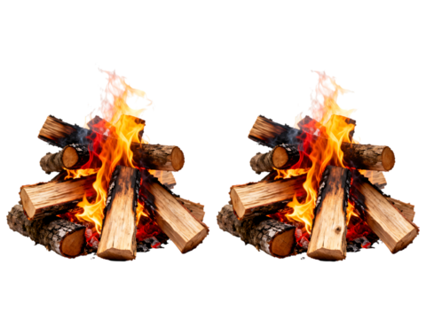 Two campfires burning with orange flames and logs wood campfire, fire, burning, logs, wood, flames, orange, heat, night, outdoor, nature, fuel, embers, smoke, warmth, energy, combustion, ignition, bla