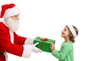 Santa Claus presenting green wrapped gift to happy smiling child wearing hat, isolated on a transparent background