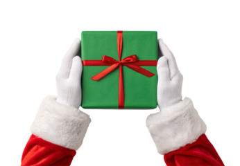 Santa's hands holding wrapped green Christmas present with red ribbon bow, isolated on a transparent background