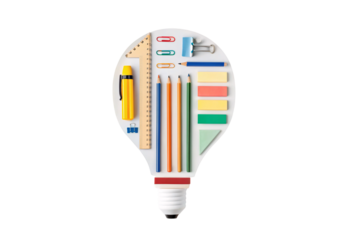 Office supplies arranged in creative lightbulb shape with pencils and sticky notes, isolated on a transparent background