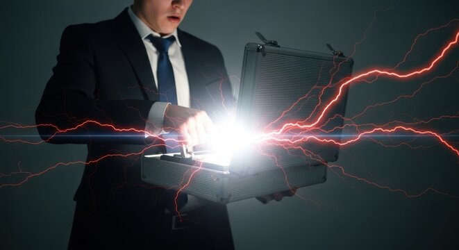 Businessman opens glowing briefcase emitting red lightning power