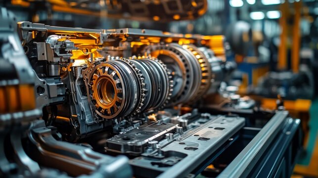 On the factory conveyor belt, complex mechanisms and gears emphasise the power of industrial progress, making it ideal for technical backgrounds in presentations about manufacturing and innovation.