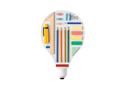 Office supplies arranged in creative lightbulb shape with pencils and sticky notes, isolated on a transparent background