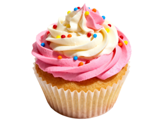 Single pink and white frosted cupcake with colorful sprinkles cupcake, cake, frosting, icing, pink frosting, white frosting, buttercream, sprinkles, colorful sprinkles, dessert, sweet, treat, baked go