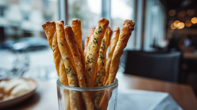 Long crunchy breadsticks standing in a tall glass cup, served with a herb butter dip