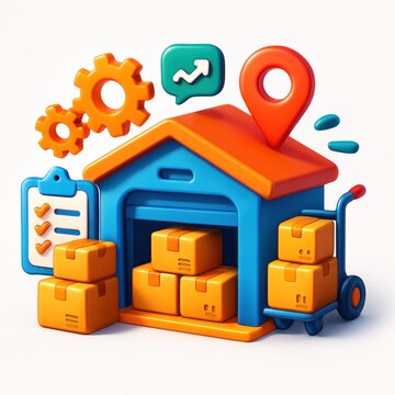 Cartoon warehouse with boxes, chart, gears, cart and map pin icons