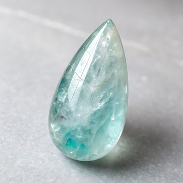 Polished teardrop aquamarine gemstone cabochon with inclusions