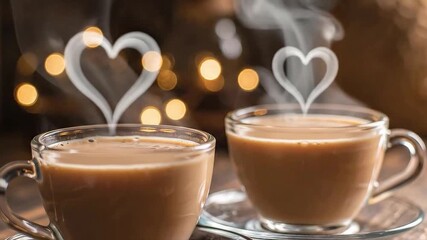 Cozy steaming coffee cups with heart-shaped steam, warm bokeh