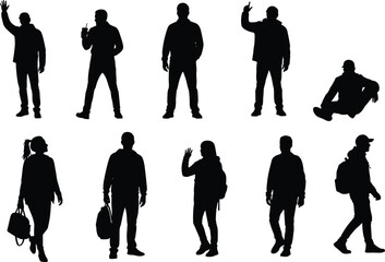 Collection of walking and standing people silhouettes showing various casual poses, gestures, and movements, including waving, sitting, holding bags, and everyday activities