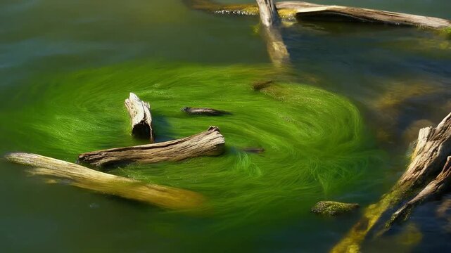 Algae Bloom in Water Green Pond Scum Environmental Issue.