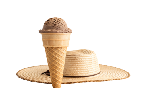 Chocolate ice cream cone leaning against wide-brimmed straw sun hat, isolated on a transparent background