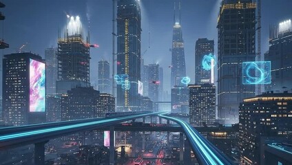A futuristic cityscape glows with digital data and glowing roads, showcasing advanced urban technology at night. High-rise buildings light up the sky. - Powered by Adobe