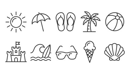 summer beach holiday icon set line style