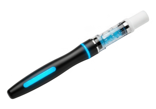 Black electronic vape pen with blue light and liquid chamber isolated on transparent background for vaping and smoking