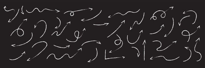 Sketchy arrow with pen, crayon, and chalk effects. Hand drawn style with brush and pencil strokes. Flat vector illustration isolated on white background.