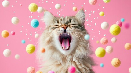 A fluffy cat is yawning widely, surrounded by colorful yarn balls against a vibrant pink background. The image evokes a playful and joyful atmosphere.