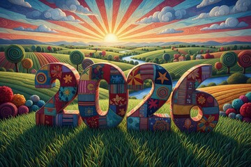 New year number 2026 constructed from with  Colorful Fabric Craft Design. Countryside Textile ArtLandscape with Sunrise