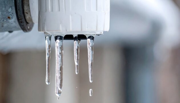 白い樹脂製ジョイントパーツの水道管に氷柱が垂れ下がる凍結状態