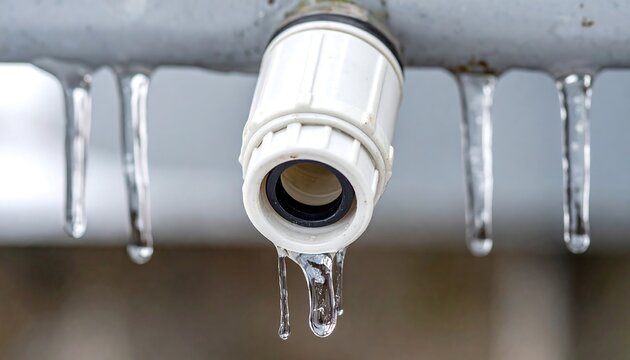 氷柱が連なる白いジョイントパーツ付き水道管の凍結した冬の情景