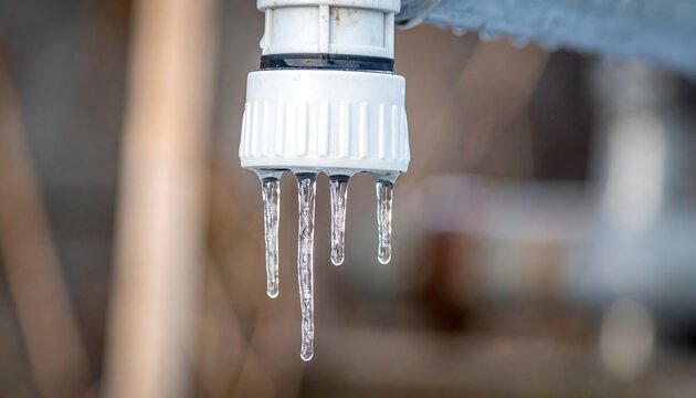 寒波で凍結した白いジョイントパーツの水道管に細い氷柱ができる