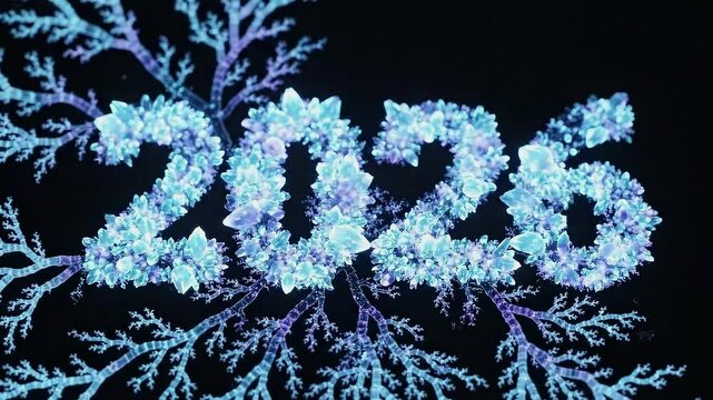 Winter holiday concept with freezing blue ice crystals forming 2026 typography under microscope showing beautiful nature patterns