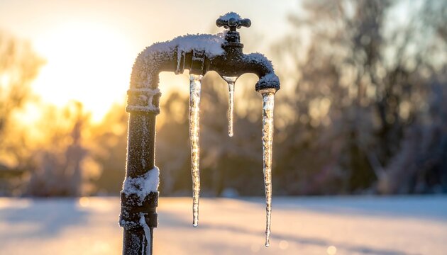 屋外の水道管蛇口から氷柱が垂れ下がる朝日が差す凍結風景