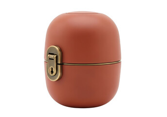 Oval terracotta colored container with vintage brass latch isolated on transparent background for storage and display
