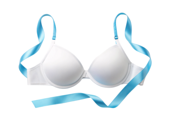 White bra with blue ribbon straps and accents, isolated on a transparent background