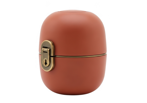 Oval terracotta colored container with vintage brass latch isolated on transparent background for storage and display