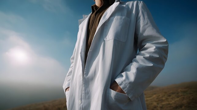A scientist in a white lab coat stands with hands in pockets against a hazy foggy sky and muted landscape