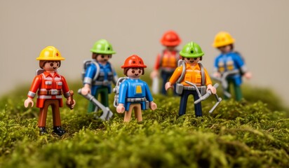 Colorful construction crew of miniature figures working on a green mossy landscape during bright daylight