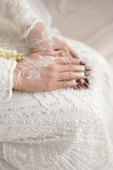 Intricate White Henna on Bride's Hands and Sequin Wedding Dress