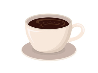 Cup of hot coffee with coffee beans in soft pastel colors on a white background. Warm drink illustration in flat minimalist style. Cozy morning beverage concept. Vector isolated design.