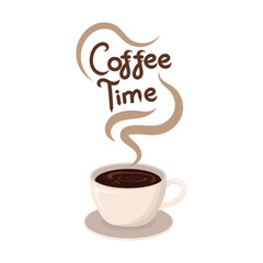 Pastel style “Coffee Time” design with a hot coffee cup and coffee beans. Minimal flat illustration on a white background. Warm morning drink concept.