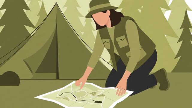 Woman Analyzing Map For Her Outdoors Adventure, With Tent And Trees Background