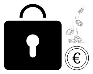 Large lock symbolizing security next to falling coins and euro sign representing savings, investment, financial stability, currency protection, wealth management. Ideal for finance, trust, security