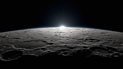 The sun rising above the lunar horizon, illuminating the rugged surface of the moon