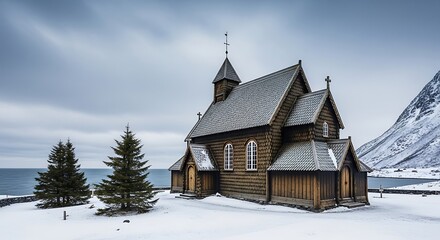 Picturesque Wooden Church in Winter Landscape of Norway.