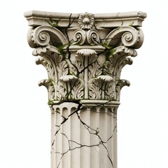 Fototapeta premium An ancient cracked Corinthian column capital with weathered details, isolated on a white background