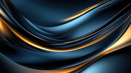 Abstract dark blue curved background with light blue and matte gold accents: elegant swirl design